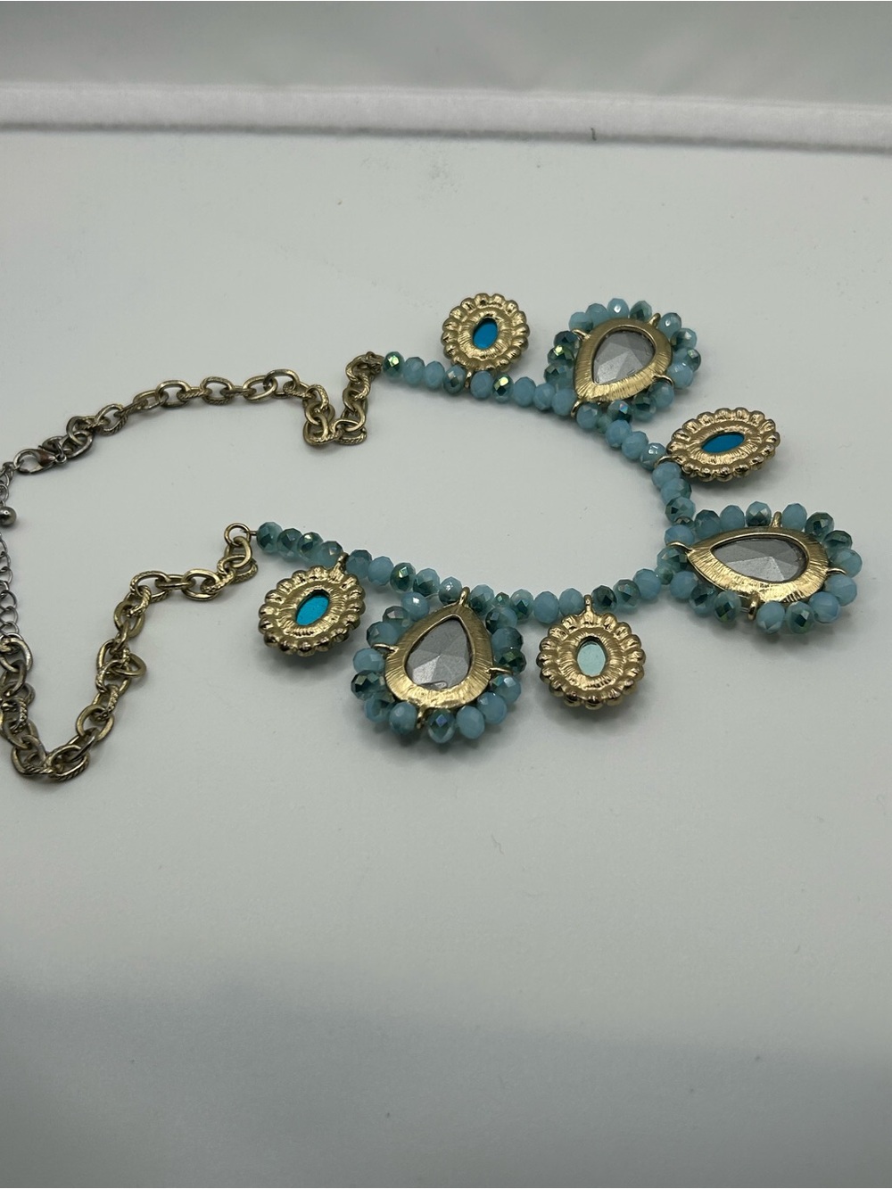 Statement blue champagne necklace teardrop oval cabochons mixed metal ornate - Picture 7 of 9